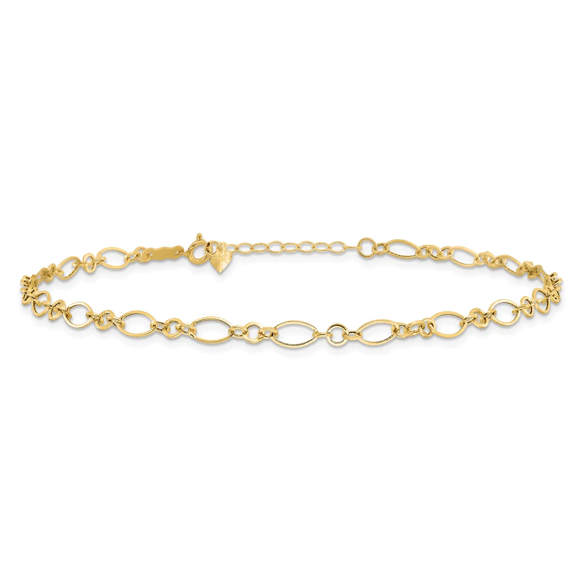 A gold-colored chain bracelet with alternating oval and circular links, featuring a clasp and extender chain on one end.
