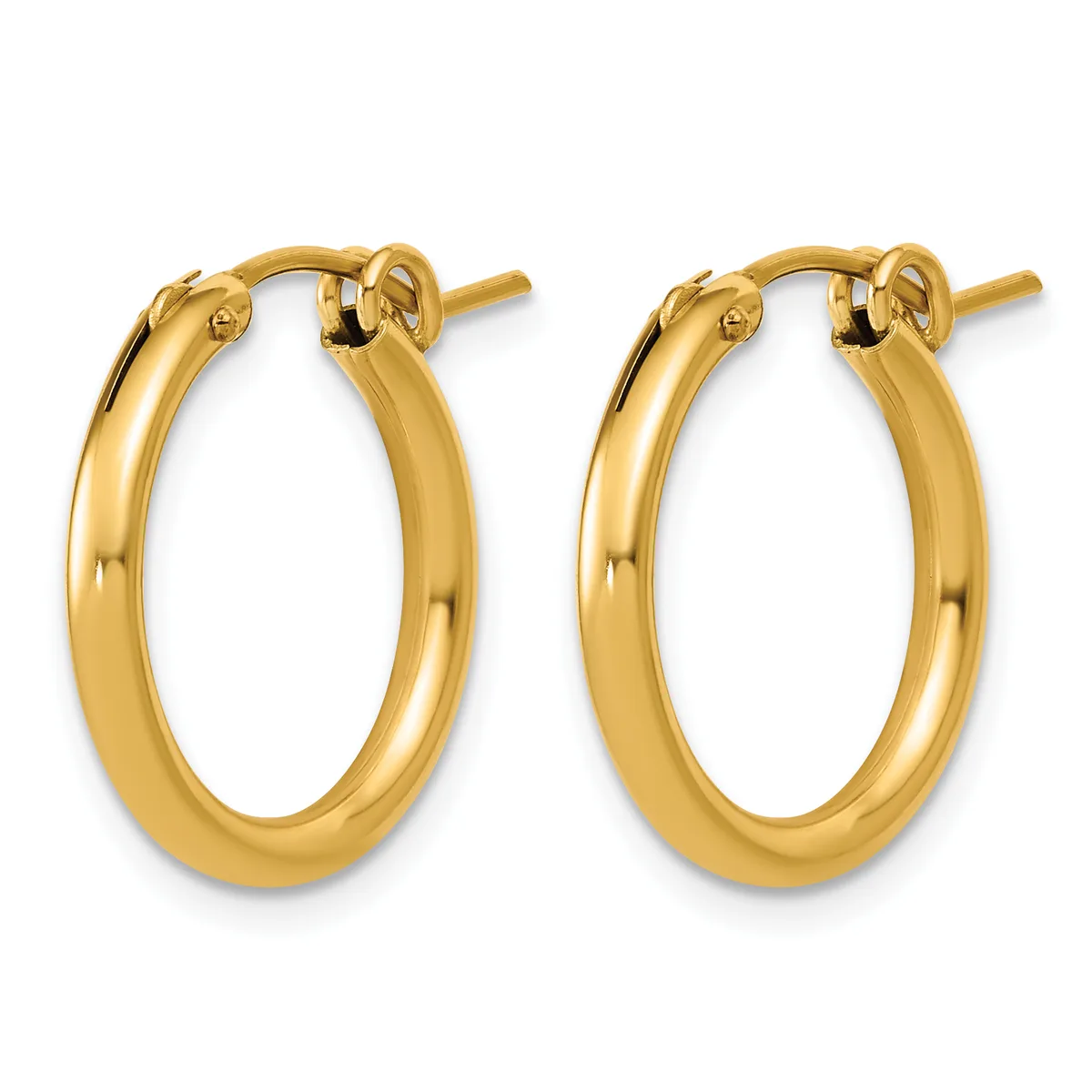 A pair of polished gold-colored hoop earrings with a smooth, rounded oval shape and post-and-clutch closures, shown from the front against a white background.