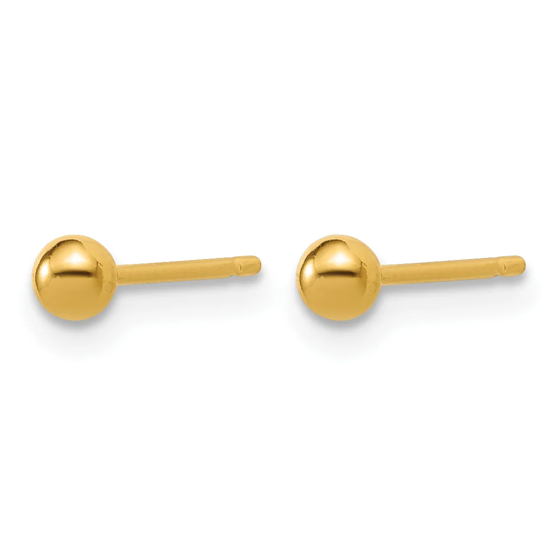 A pair of gold ball stud earrings with polished spherical tops and straight posts, shown from the front against a white background.