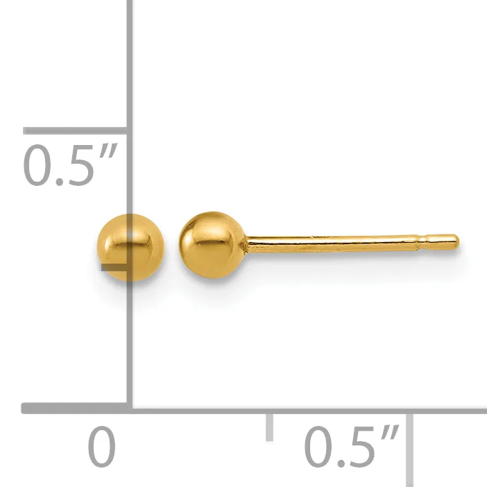 Gold ball stud earrings measuring approximately 0.5 inches in diameter, shown actual size on a measurement scale.