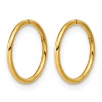 A pair of polished gold oval hoop earrings with hinged closures, displayed side by side against a white background.