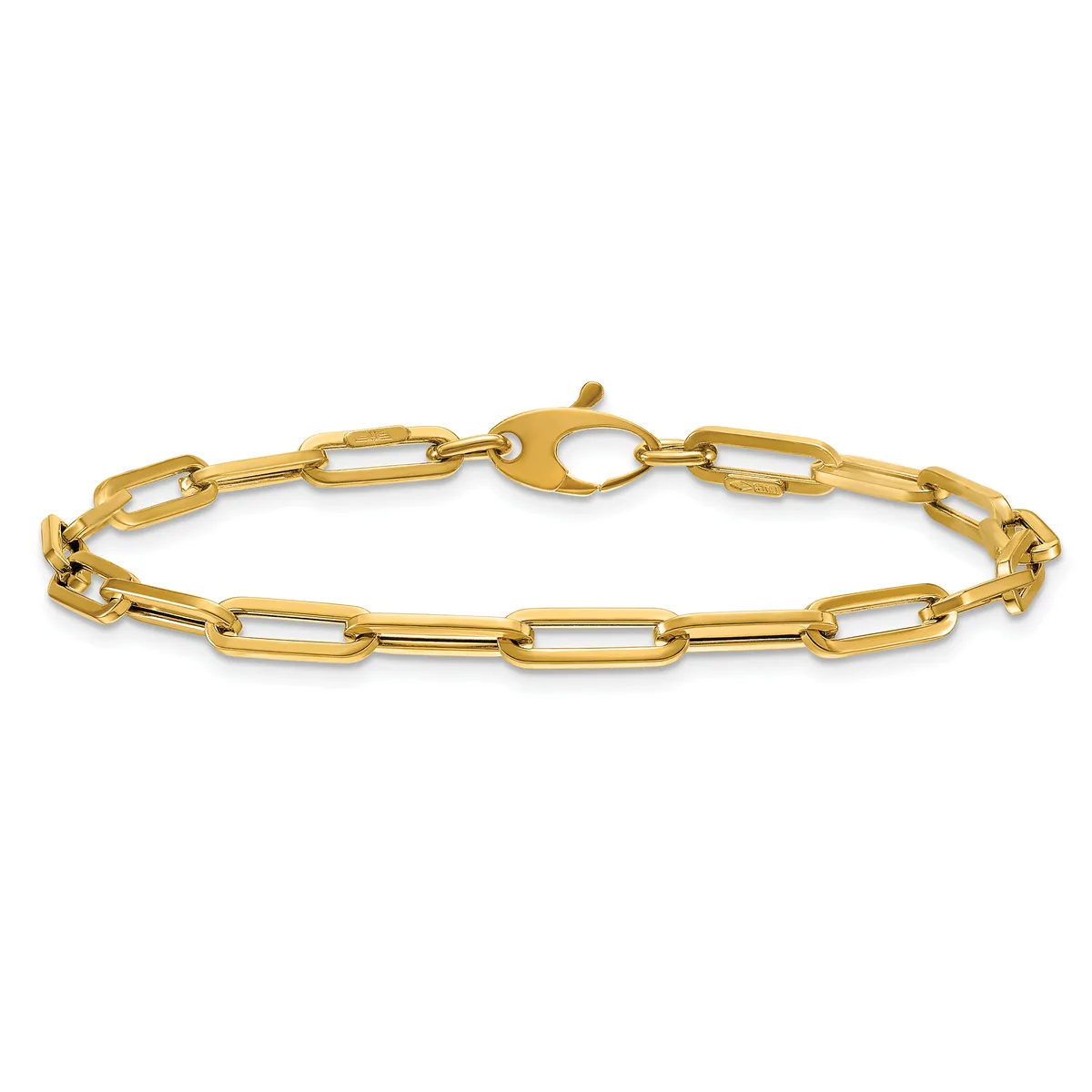 Gold-toned chain link bracelet with elongated oval links and a lobster claw clasp, displayed against a white background.