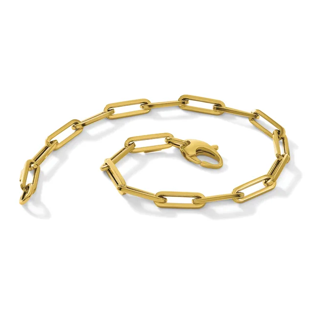 Two gold-toned chain bracelets with elongated rectangular links, one larger and one smaller, arranged on a white background with shadows.