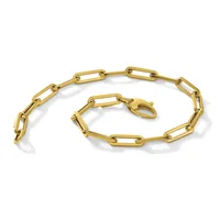 Two gold-toned chain bracelets with elongated rectangular links, one larger and one smaller, arranged on a white background with shadows.