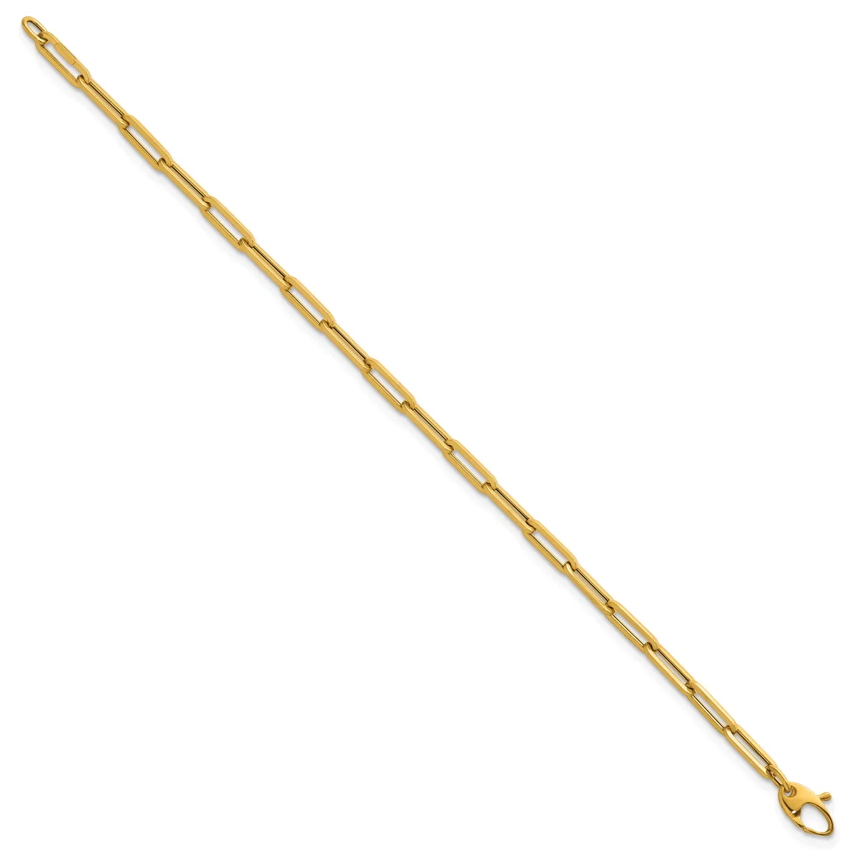 A gold-toned chain bracelet with rectangular link segments and lobster claw clasps at each end, displayed diagonally against a white background.