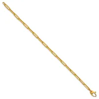 A gold-toned chain bracelet with rectangular link segments and lobster claw clasps at each end, displayed diagonally against a white background.