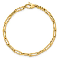 A gold-colored chain bracelet with elongated rectangular links connected by smaller round links, featuring a lobster claw clasp closure.