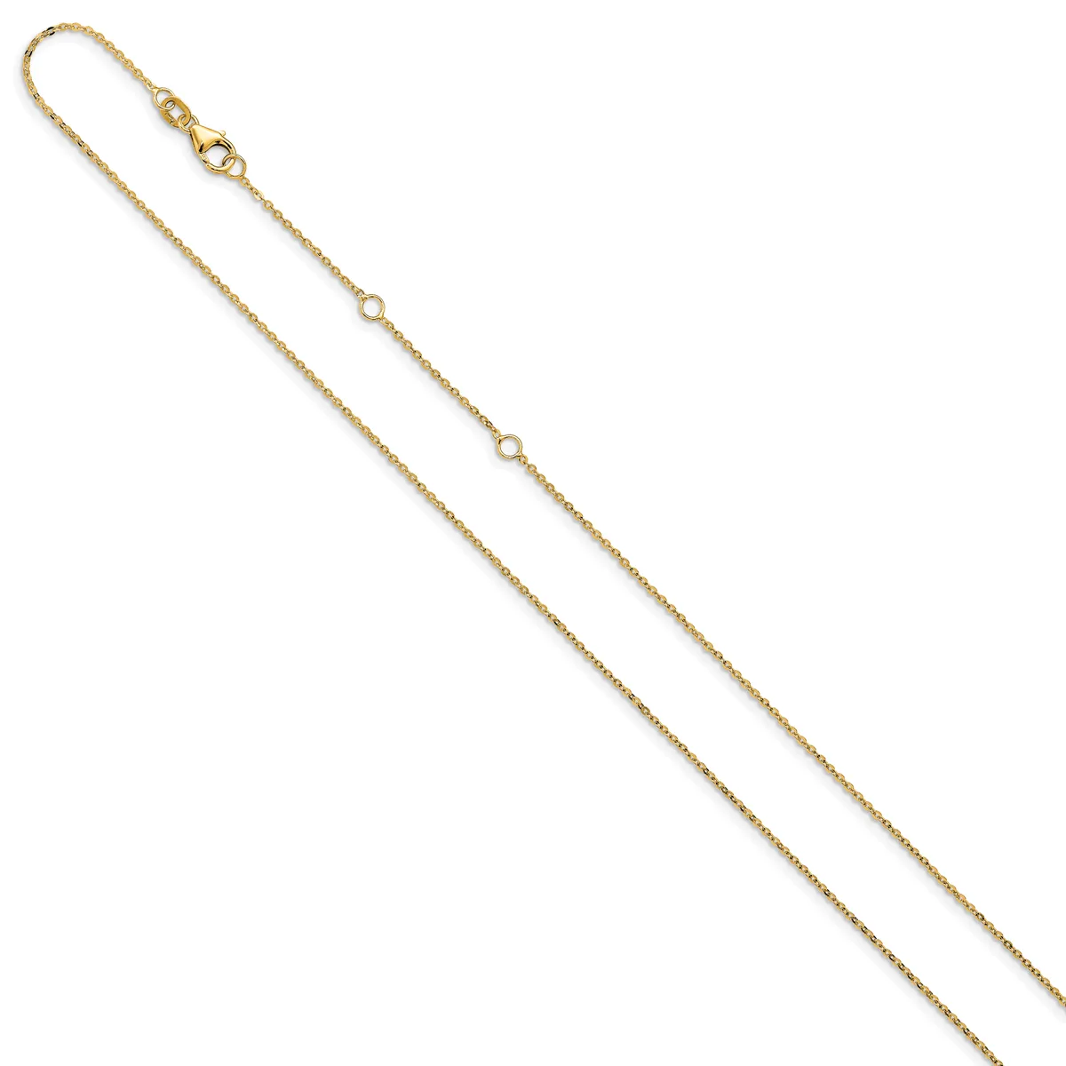 A delicate gold-toned chain bracelet with a lobster clasp and small circular link details displayed diagonally against a white background.