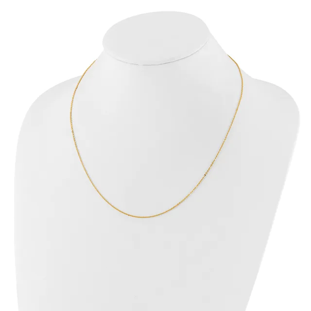 A thin gold-toned chain necklace displayed on a white mannequin bust.