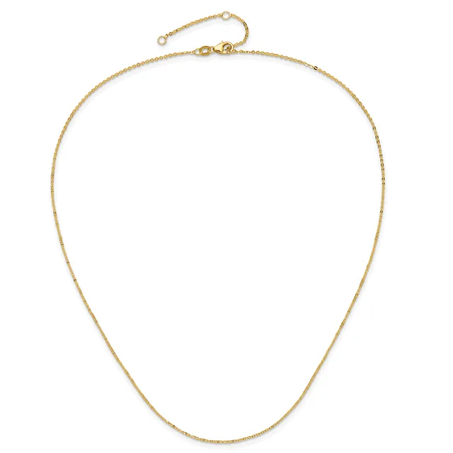 A delicate gold chain necklace with a lobster clasp and adjustable extension chain displayed against a white background.