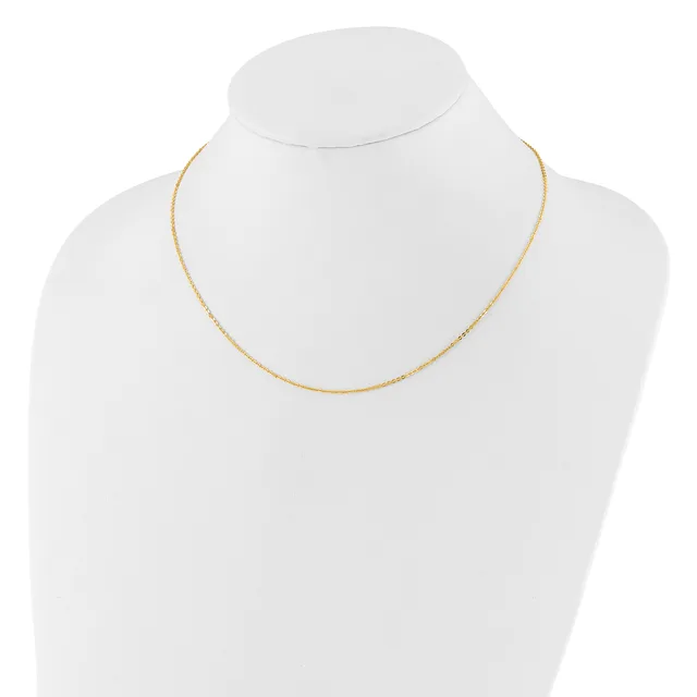 A delicate gold-toned chain necklace displayed on a white mannequin bust.
