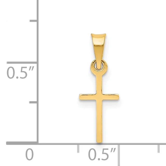 A polished gold cross pendant with a bail loop at the top, displayed next to a ruler showing it measures approximately 0.5 inches wide and 1 inch tall.