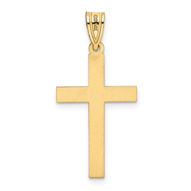 A gold cross pendant with a brushed finish and a looped bail at the top, shown against a white background.