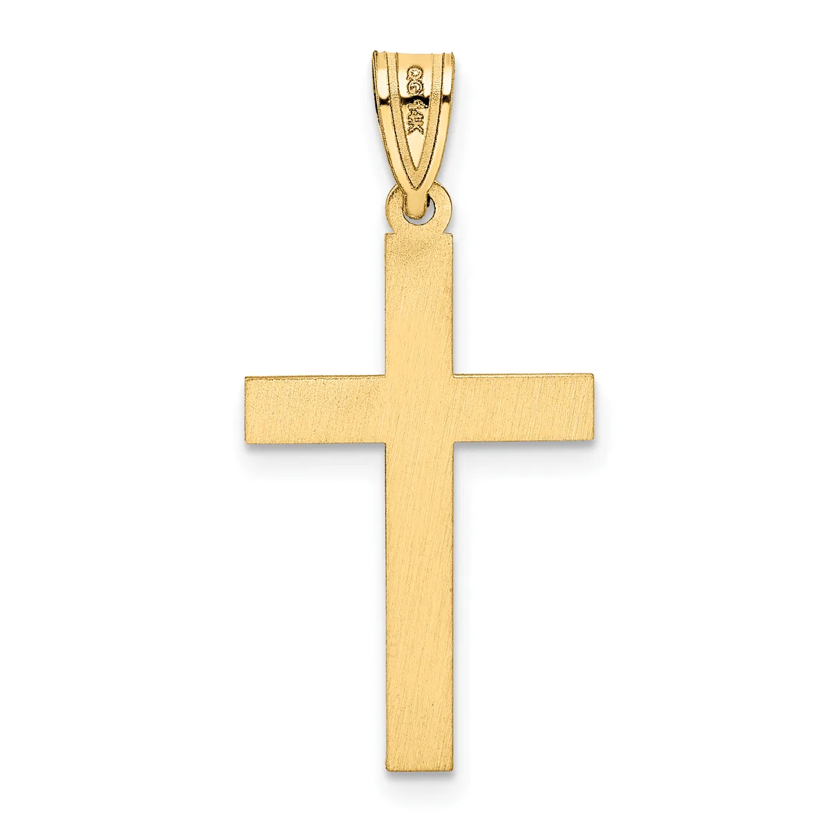 A gold cross pendant with a brushed finish and a looped bail at the top, shown against a white background.