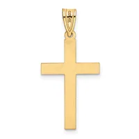 A gold cross pendant with a brushed finish and a looped bail at the top, shown against a white background.