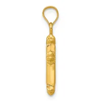 A polished gold cylindrical pendant with decorative relief detailing, suspended from a gold loop attachment.