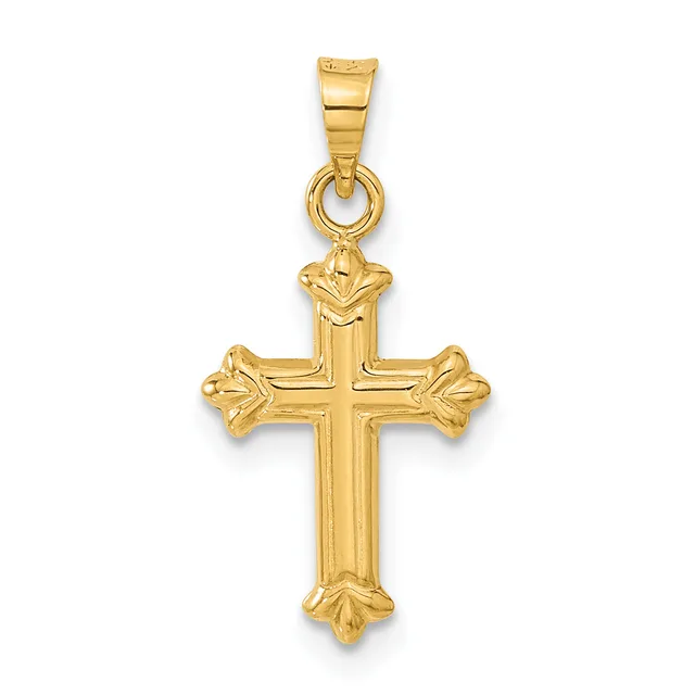 A gold cross pendant with ornate flared ends and a rectangular bail attached to the top.