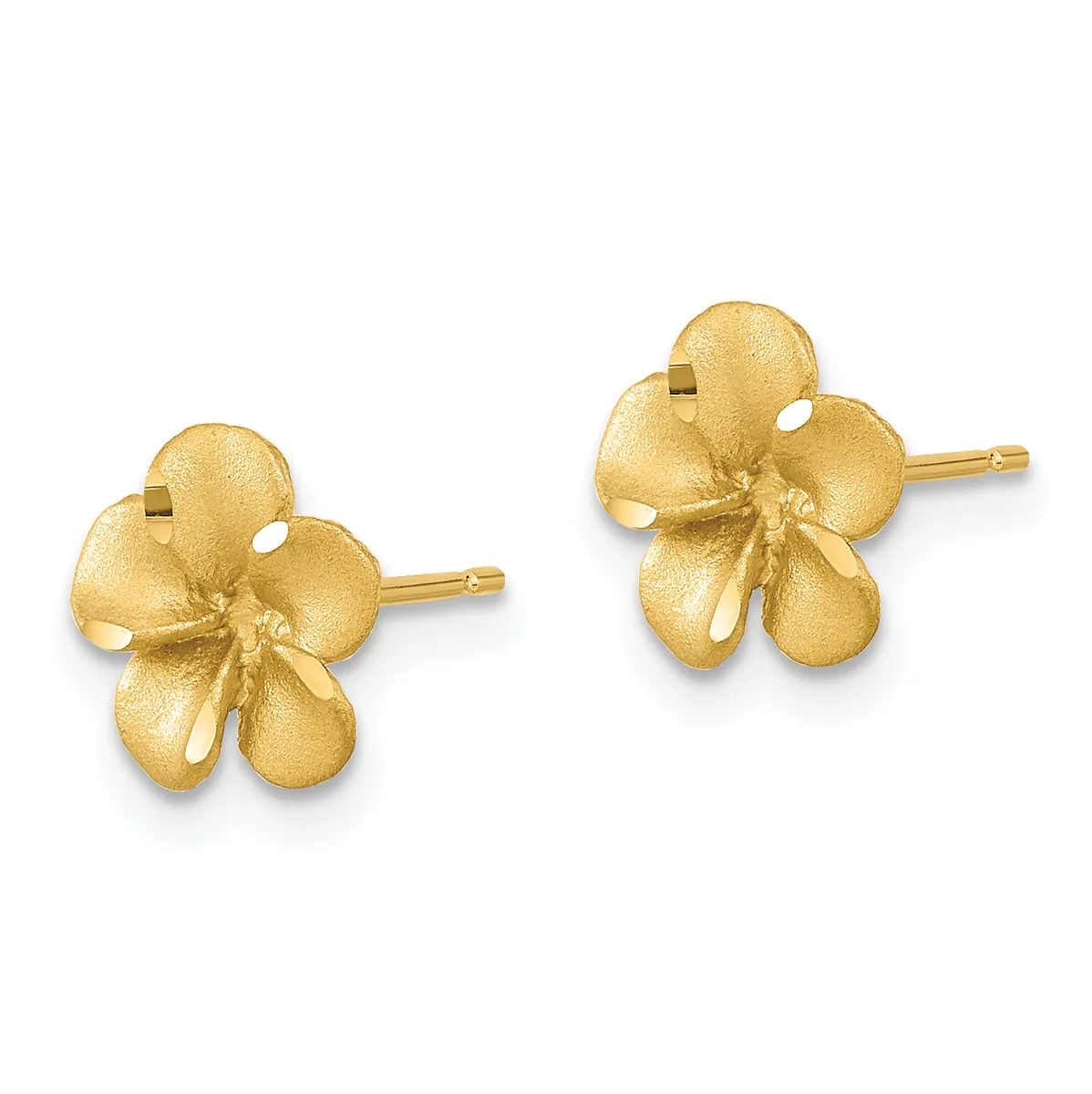 A pair of gold flower-shaped stud earrings with textured petals and gold posts, shown from the front against a white background.