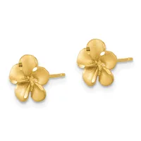A pair of gold flower-shaped stud earrings with textured petals and gold posts, shown from the front against a white background.