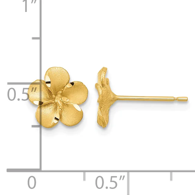 A pair of gold flower-shaped stud earrings displayed next to a ruler showing approximately half-inch diameter.