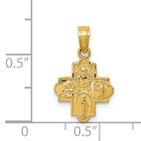 Gold cross pendant with religious figures in relief, shown next to a measurement scale indicating approximately 0.5 inches in height.