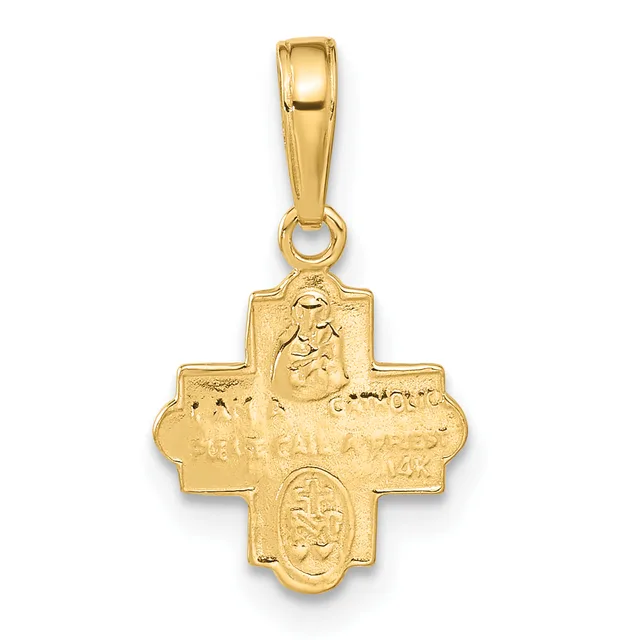 A gold cross pendant with a polished bail at the top, featuring embossed religious imagery including a face at the top and figures within oval and rectangular sections on the cross arms.