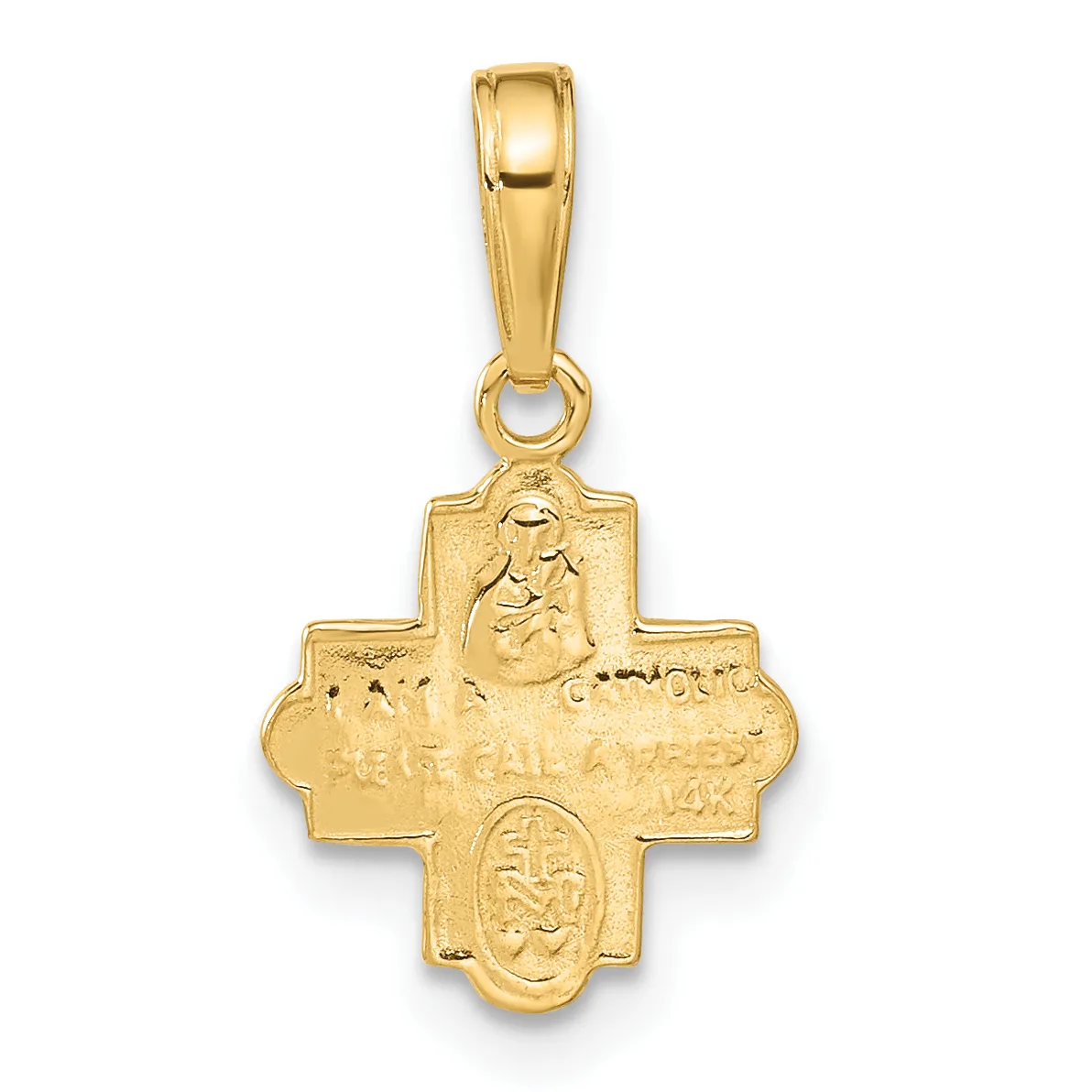 A gold cross pendant with a polished bail at the top, featuring embossed religious imagery including a face at the top and figures within oval and rectangular sections on the cross arms.