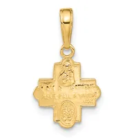 A gold cross pendant with a polished bail at the top, featuring embossed religious imagery including a face at the top and figures within oval and rectangular sections on the cross arms.