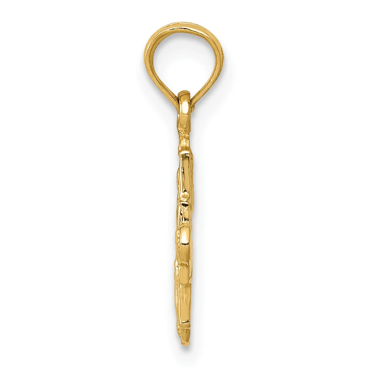 A gold-colored metal charm pendant with a loop at the top and a pointed, tapered shaft at the bottom, displayed against a white background.