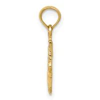 A gold-colored metal charm pendant with a loop at the top and a pointed, tapered shaft at the bottom, displayed against a white background.