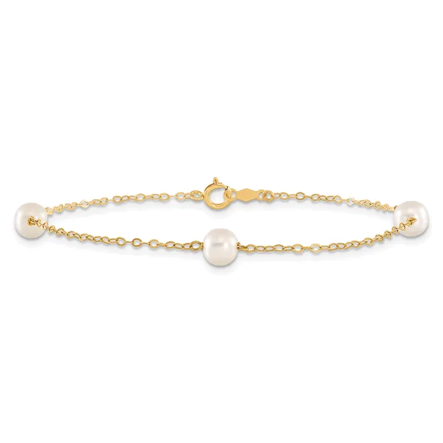 Gold chain bracelet with three white pearl stations and a spring ring clasp, displayed against a white background.