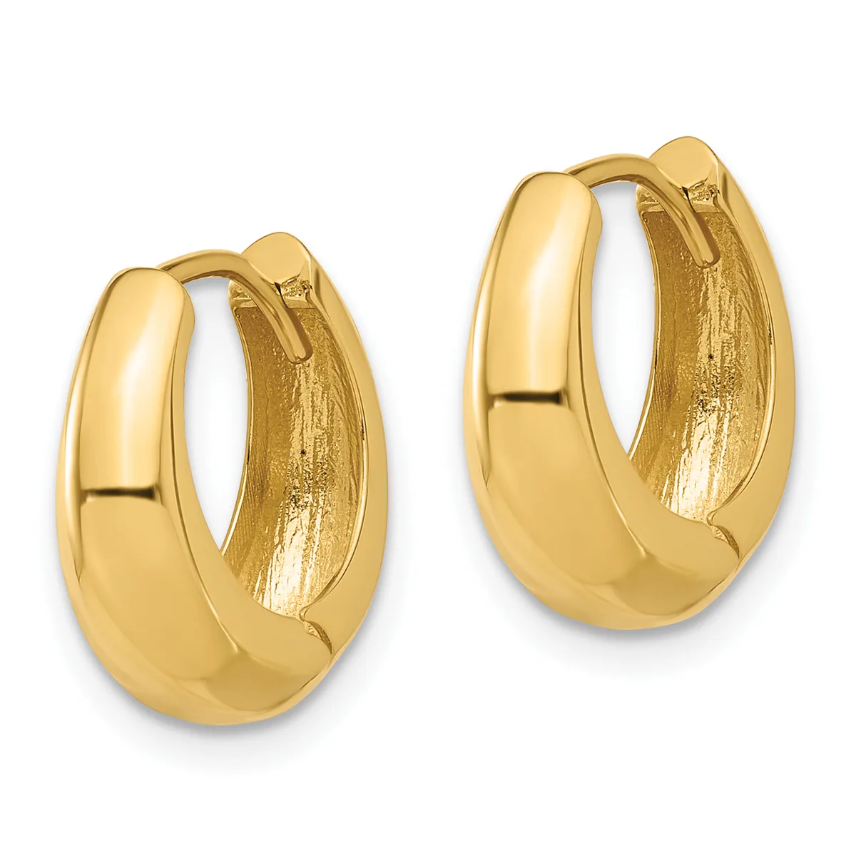 A pair of polished gold hoop earrings with a chunky oval shape and hinged clasp closures, shown from the front.