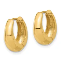 A pair of polished gold hoop earrings with a chunky oval shape and hinged clasp closures, shown from the front.