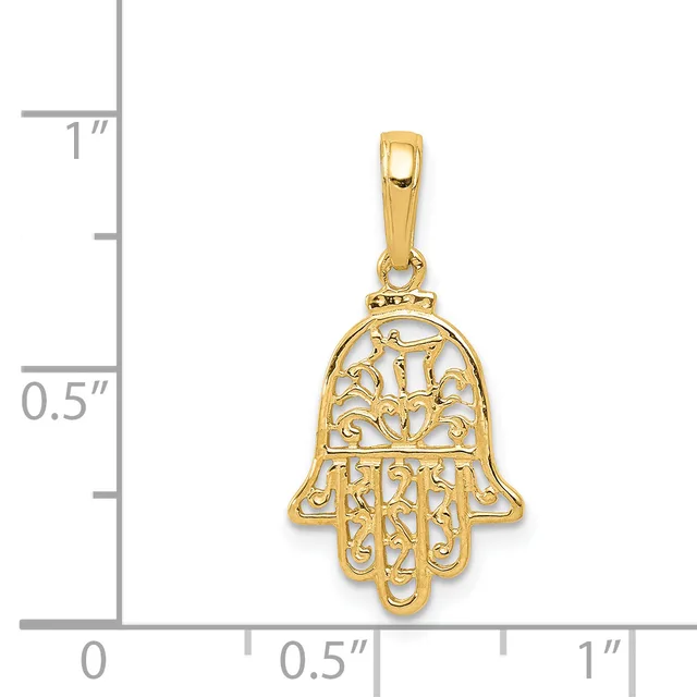 Gold filigree hamsa hand pendant with bail, shown against a measurement scale indicating approximately one inch in height.