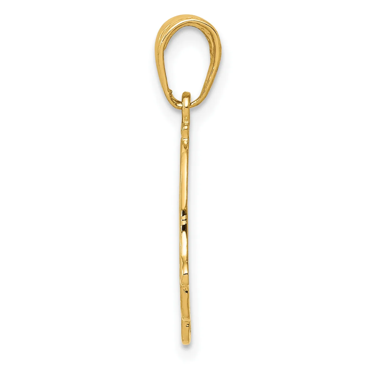 A long, slender gold pendant with an oval loop at the top and a tapered shaft below, shown against a white background.