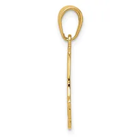 A long, slender gold pendant with an oval loop at the top and a tapered shaft below, shown against a white background.