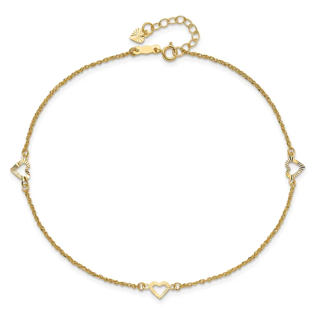Gold-toned chain anklet with three decorative fan-shaped stations and a small heart charm at the center, displayed against a white background.