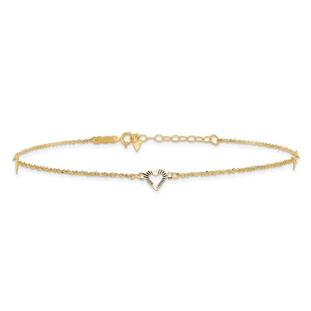 A delicate gold bracelet with a textured chain featuring a heart-shaped charm at the center and a lobster clasp with an extender chain.