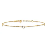 A delicate gold bracelet with a textured chain featuring a heart-shaped charm at the center and a lobster clasp with an extender chain.