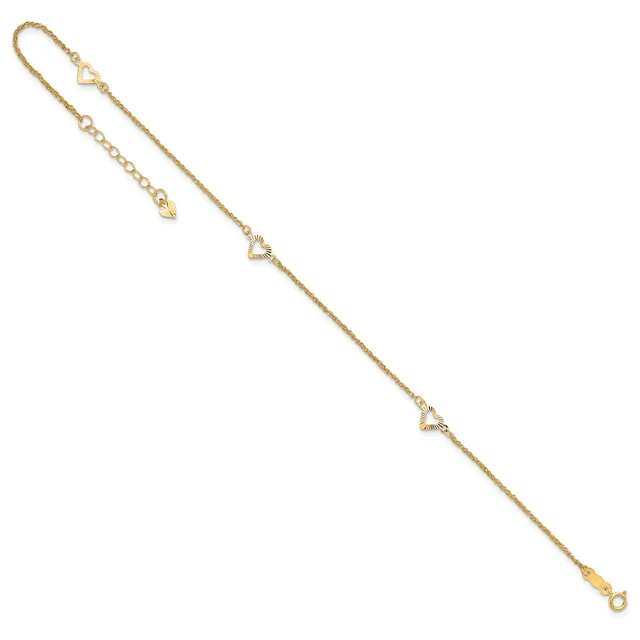 Gold-toned chain bracelet with small heart charms spaced along its length and an adjustable extension chain with a lobster clasp closure.