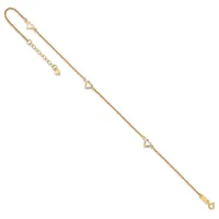 Gold-toned chain bracelet with small heart charms spaced along its length and an adjustable extension chain with a lobster clasp closure.