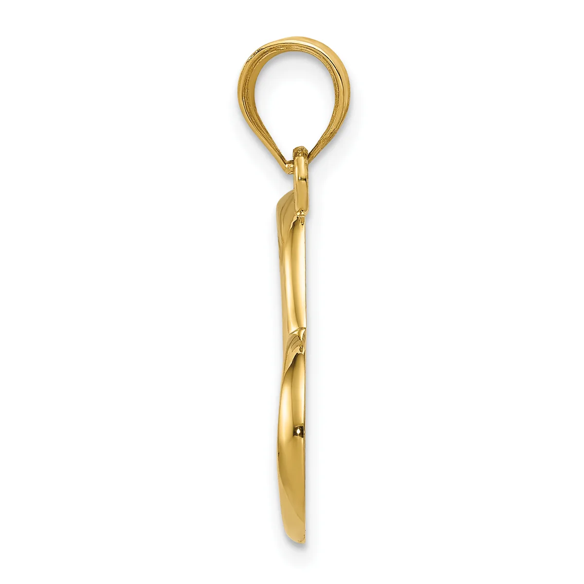 A gold-colored metal pendant with a loop at the top and a tapered shaft featuring a twisted or wrapped detail in the middle section.