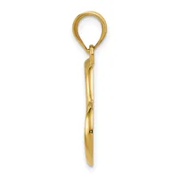 A gold-colored metal pendant with a loop at the top and a tapered shaft featuring a twisted or wrapped detail in the middle section.