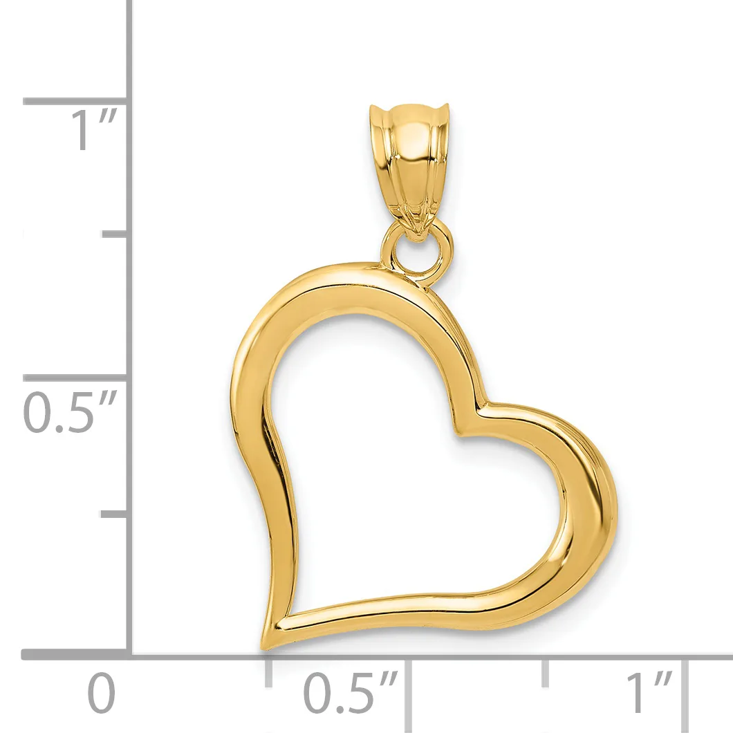 A gold heart-shaped pendant with hollow center and small loop at top, shown against a ruler indicating approximately one inch in height.