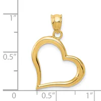 A gold heart-shaped pendant with hollow center and small loop at top, shown against a ruler indicating approximately one inch in height.