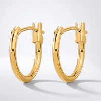 A pair of polished gold-toned hoop earrings with a hinged clasp closure, displayed against a white background.