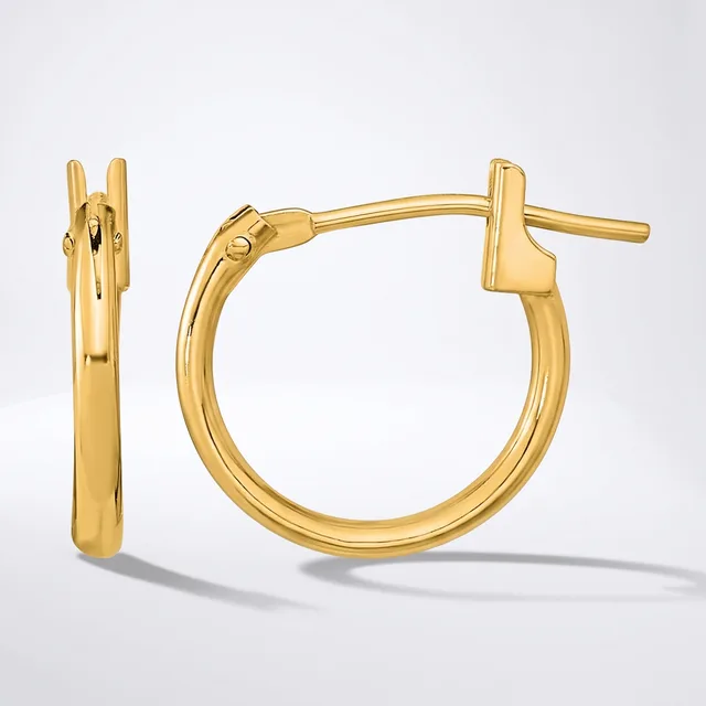 A pair of polished gold hoop earrings with hinged closures, shown from front and side views against a white background.