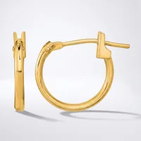 A pair of polished gold hoop earrings with hinged closures, shown from front and side views against a white background.