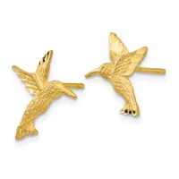 A pair of gold hummingbird stud earrings shown from the front, featuring detailed wings and bodies with post-back closures.