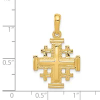 Gold Jerusalem cross pendant with ornate detailing and small crosslets at each arm, shown next to a measurement scale indicating approximately one inch in height.